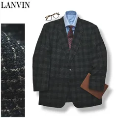 【美品】 【清涼】 ランバン LANVIN サマーツイード リネン シルク混 チェック柄 シングル 2B テーラードジャケット アンコンジャケット ブレザー 春夏 ダークグリーン メンズ
