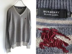 希少 BURBERRY BLACK LABEL バーバリーブラックレーベル ホースロゴ刺繍 レイヤードネックリブ コットンウール ボーダー Vネックニット 2