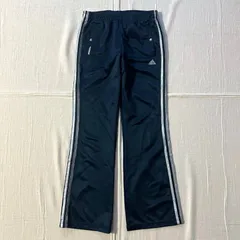 00s　archive　old adidas　オールドアディダス　光沢感　ネイビー×シルバー　パフォーマンスロゴ刺繍　3 stripes　サイドライン　フレアシルエット　トラックパンツ　イージーパンツ　L　Y2K　平成ギャル　flare track pants