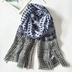 チェック柄 大判ストール 手描き風 ブルー ウール混 薄手 大判 ストール ショール 羽織り ひざ掛け UVカット 春夏 お出かけ デート 女子会 プレゼント ギフト 母の日 誕生日 新生活 送料無料 即購入OK