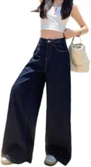 REG8（レグエイト） レディース ワイドパンツ バレル ブラック ハイウエスト フレア ロング ポリエステル きれいめ カジュアル シンプル トレンド 美脚 体型カバー 春 夏 秋 韓国 (ダークブルー,  L)