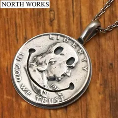 【新品】ノースワークス NORTH WORKS コイン ネックレス ペンダント  50cmチェーン付き スマイルマーク ニコちゃん ヴィンテージ50セント銀貨（ベンジャミン・フランクリン）シルバー日本製 N-007-S-50【正規品】