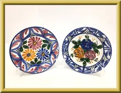 スペイン製 プレート 絵皿 飾り皿 壁飾り 2点おまとめ 陶器製 貫入 フラワー 花模様 インテリア オブジェ 置物 飾り物 皿立て付