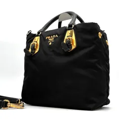 正規品 PRADA プラダ 2way ハンドバッグ ショルダーバッグ フロントベルト レザー テスートナイロン サイドボタン 白タグ ゴールドロゴ レディース ブラック