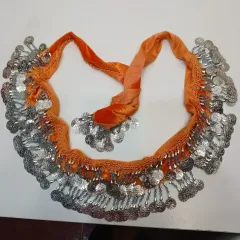 オレンジ ツアーベルベット コイン ベリーダンス ヒップスカーフ 冬 62058