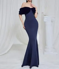 オフショル ロングドレス 半袖 上品サテン調 インポート 数量限定