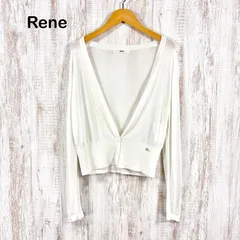 Rene ルネ ワンポイントロゴ vネック レーヨン ハイゲージニット 長袖 カーディガン ホワイト