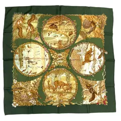 美品 HERMES エルメス カレ90 スカーフ LES QUATRE SAISONS 四季 シルク グリーン