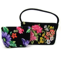 フェイラー ハンドバッグ ポーチ 2点セット シェニール織 花柄 ブラック ブランド まとめて レディース FEILER 【中古】