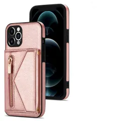 iPhone 11 Proストラップジッパーウォレット電話ケースレザー財布カードホルダーカバー、ピンク R2 25