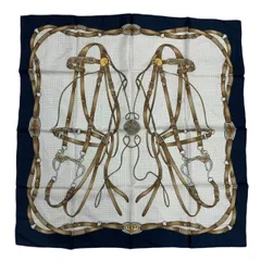 新品同様 CELINE セリーヌ スカーフ 馬具柄 シルク100％ ネイビー