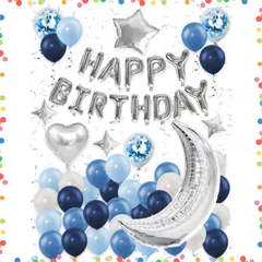 【特価セール】セット 飾り付け バースデー happy birthday 風船 風船 紙吹雪風船 両面テープ リボン付き 誕生日パーティー 誕生日バルーン お祝い サプライズ 男女兼用(ブルーセット)