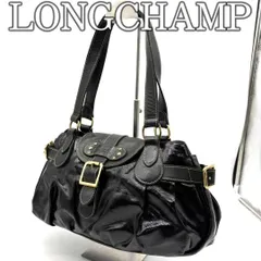 ロンシャン LONGCHAMP ハンドバッグ 肩掛け ブラック ナイロン レザー コンビ 光沢素材 ゴールド金具 フラップバックル ギャザー ドレープ 台形シルエット Y2Kテイスト 軽量 大容量 ファスナー開閉 シボ革ハンドル フレンチクラシック 通勤