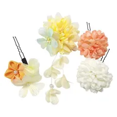 イエロー 髪飾り 和風 和装 浴衣 式髪飾り 振袖 着物 和装 袴 花 七五三 結婚式 式 卒業式 お正月 お花見 大会 子供 レディース お花 ヘアアクセサリー かわいい 4点セット Topatrol (イエロー)
