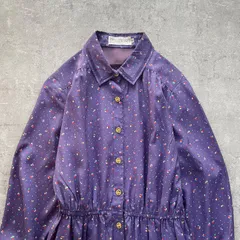 昭和レトロ くすみパープル 小花ドット総柄 ゴールドボタン ウエストゴム ロングシャツワンピース
