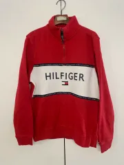 メンズ Tommy Hilfiger トミーヒルフィガー ハーフジップ スウェット レッド S ロゴ POINT ストリート カジュアル 裏起毛