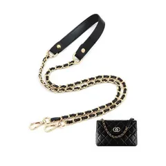 レザー(一部) 黒＋金 [VEAGIA] ショルダースト ショルダーストラップ バッグ用 チェーンショルダーストラップ ショルダーバッグ ひも バッグ修理 交換用 持ち手ストラップ ショルダースト 単品 ラップ バッグ用 約120cm (レザー(一部) 黒＋金