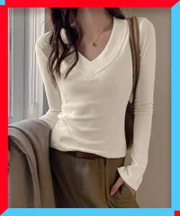新品 Vネック 長袖Tシャツ 韓国風カットソー インナートップス 黒 フェミニン 春秋 肌着細身 プルオーバー 【 送料無料 】