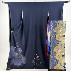 振袖 身丈171.5cm 裄丈69cm L 袷 袋帯フルセット 百合 花 金彩 濃紺 正絹 秀品 【中古】