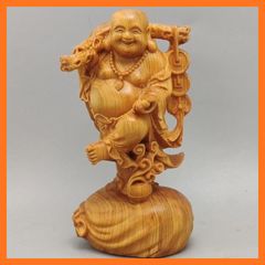 [Brand New] Small Hotei Buddha Statue, One of the Seven Lucky Gods, Wooden Carving (Height 12cm x Width 7cm x Depth 5cm) 0
