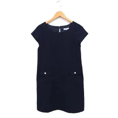 ナチュラルビューティーベーシック NATURAL BEAUTY BASIC ワンピース 半袖 ひざ丈 ボートネック ポケット 無地 M ネイビー 紺 /FT19
