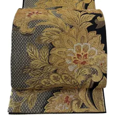 【美品】 袋帯 秀品 花唐草 幾何学模様 箔 黒 六通 正絹 【中古】