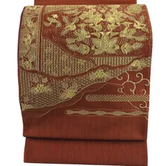 【美品】 袋帯 秀品 向かい鳥 草花 金糸 赤茶 お太鼓柄 正絹 【中古】