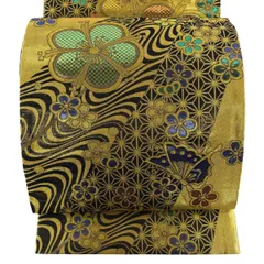 【美品】 袋帯 秀品 振袖向き 梅 蝶 金糸 箔 金色 六通 正絹 【中古】