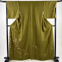 付下げ 身丈163cm 裄丈67cm M 袷 葡萄 刺繍 金糸 茶緑色 正絹 秀品 【中古】