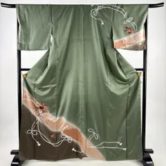 【美品】 訪問着 身丈168cm 裄丈68cm L 袷 落款 草花 組紐 刺繍 染分け 灰緑 正絹 秀品 【中古】