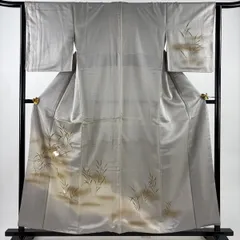 付下げ 身丈157.5cm 裄丈64cm M 袷 鳥 葉柄 刺繍 金彩 灰色 正絹 秀品 【中古】
