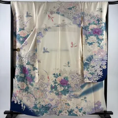 振袖 身丈159cm 裄丈68cm L 袷 牡丹 鳥 銀糸 ぼかし クリーム 正絹 秀品 【中古】