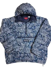 L シュプリーム マイクロ ダウン ハーフ ジップ フード プルオーバー ブルー ペイズリー