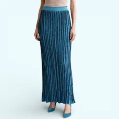 TEAM ANGELA MISSONI アンジェラ ミッソーニ ニット ロング スカート イタリア製 ストライプ プリーツ タイト 80s 90s VINTAGE 古着 レーヨン レディース 44 ブルー系 A774のサムネイル