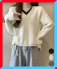 新品 Vネックリブニットトップス 暖かいニット ドッキングニット服 ゆったりニット長袖 体型カバートップス 【 送料無料 】
