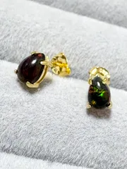 宝石質ブラックオパールAAA ペアピアス ペアシェイプ カボション 6×4mm Silver925 18Kメッキ