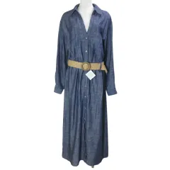 ザラ ZARA 美品 ベルト付き シャツワンピース  ロング 長袖 リネン混 スキッパー ロールアップ袖 L 175/96A ブルー ブラウン系 /X