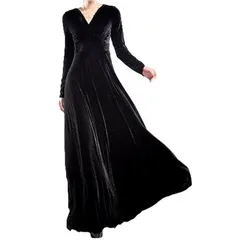 [Platinum Liberty] プラチナ リバティー Vネック ハイウエスト エンパイアウエスト マキシ 丈 ロング (黒, L)