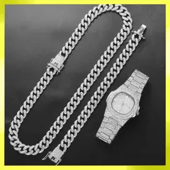 ブリンブリン ギラギラ シルバー マイアミキューバンリンク 腕時計 クォーツ ブレスレット ネックレス セット ジルコニア CZダイヤモンド ラインストーン ヒップホップ パンク ストリート メンズ 新品未使用品