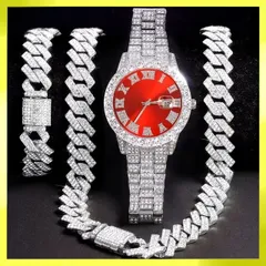 ブリンブリン ギラギラ シルバー レッド マイアミキューバンリンク 腕時計 クォーツ ブレスレット ネックレス セット ジルコニア CZダイヤモンド ラインストーン ヒップホップ パンク ストリート メンズ 新品未使用品 バンド調整器具付き