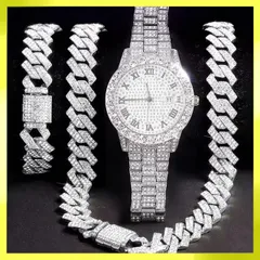 ブリンブリン ギラギラ シルバー ホワイト マイアミキューバンリンク 腕時計 クォーツ ブレスレット ネックレス セット ジルコニア CZダイヤモンド ラインストーン ヒップホップ パンク ストリート メンズ 新品未使用品