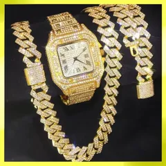 ブリンブリン ギラギラ ゴールド マイアミキューバンリンク 腕時計 クォーツ ブレスレット ネックレス セット ジルコニア CZダイヤモンド ラインストーン ヒップホップ パンク ストリート メンズ 新品未使用品 バンド調整器具付き