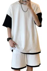 上下 セット 夏服 ゆったり 半袖 ジャージ メンズ 上下 ハーフパンツ メンズ セットアップ メンズ 無地 tシャツ スウェット メンズ 上下セット フェイク [JIAYBL] レイヤード おしゃれ 大きいサイズ