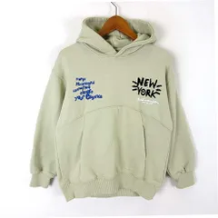 ザラ ZARA パーカー スウェット プルオーバー ペイント フロッキー刺繍 裏起毛 長袖 140 若緑色 マルチカラー KIDS