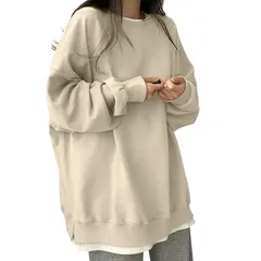 [AOY] トレーナー レディース 長袖 トップス 【オーバーサイズ×着?せ・重ね着風】 体型カバー 大きいサイズ ゆったり レイヤード スリット 綿 着回し カジュアル ビッグシルエット 無地 おしゃれ シンプル 長め ロングtシャツ スウェット (L, 0