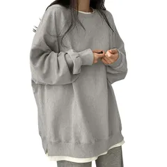 [AOY] トレーナー レディース 長袖 トップス 【オーバーサイズ×着?せ・重ね着風】 スウェット 体型カバー 大きいサイズ ゆったり レイヤード スリット 綿 着回し カジュアル ビッグシルエット 無地 おしゃれ シンプル 長め ロングtシャツ (JP 1