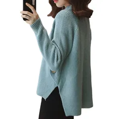 [Celetree] ニット セーター トップス レディース ハーフネック 長袖 サイドボタン ゆったり 可愛い (JP, アルファベット, Free Size, グリーン) 0