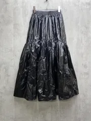 新品 forksy. フォルクシー メタリックタフタギャザースカート レザーライク フレア ティアード 切替 ナイロン ロング sizeM/黒 ■◆レディース