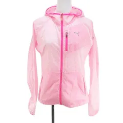 プーマ PUMA スポーツウェア ボーダー 長袖 パーカー ジャケット 薄手 M ピンク系 シースルー 透け感 ジップアップ ロゴ プリント