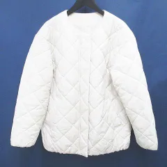 ジーユー GU キルティングコート ノーカラー ミディアム丈 比翼 S 白系 オフホワイト ジップアップ 裏地 無地